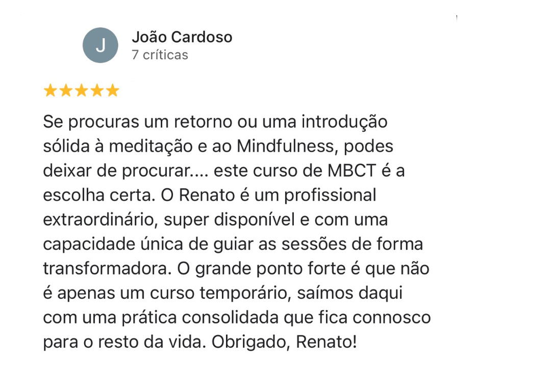 Avaliação publicada no Google sobre as 8 semanas do Programa MBCT online