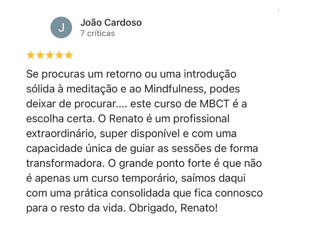 Avaliação publicada no Google sobre as 8 semanas do Programa MBCT online