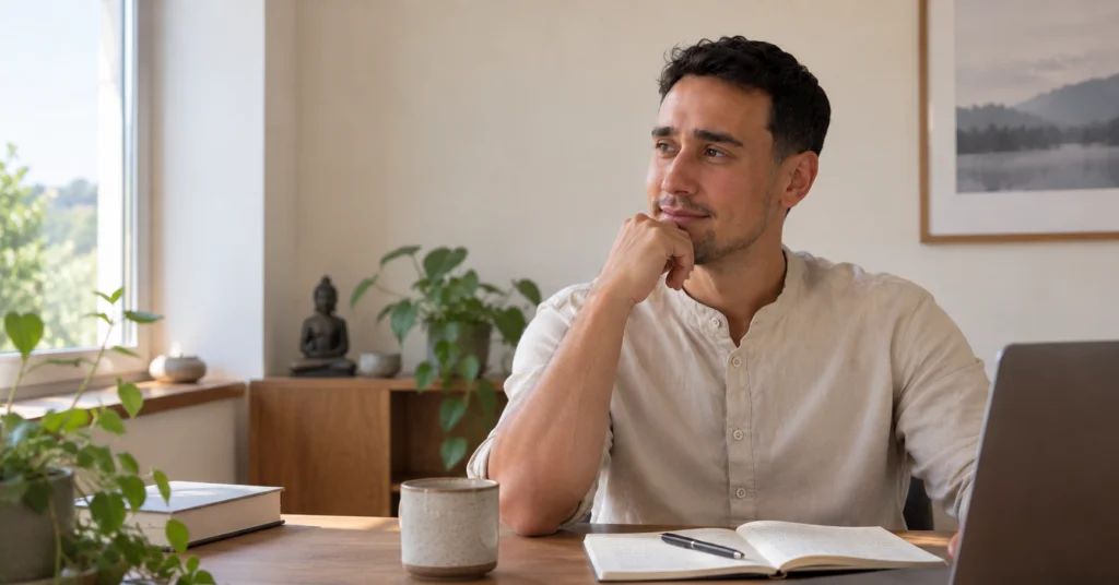 Facilitador de meditação mindfulness sentado num espaço tranquilo